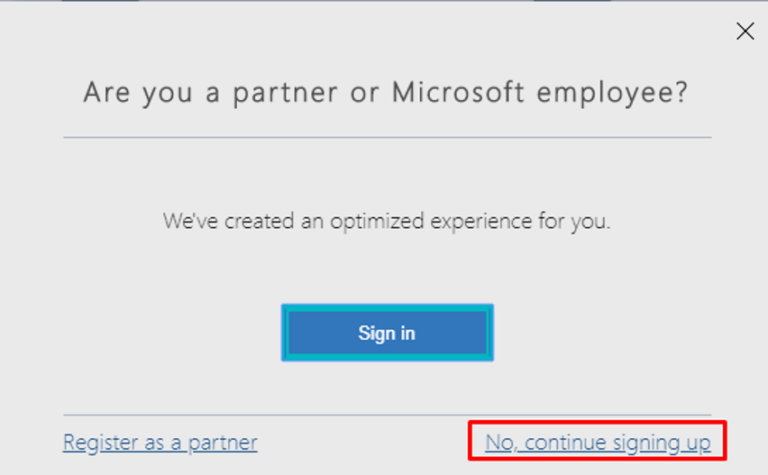 partner of microsoft employee click on signup option