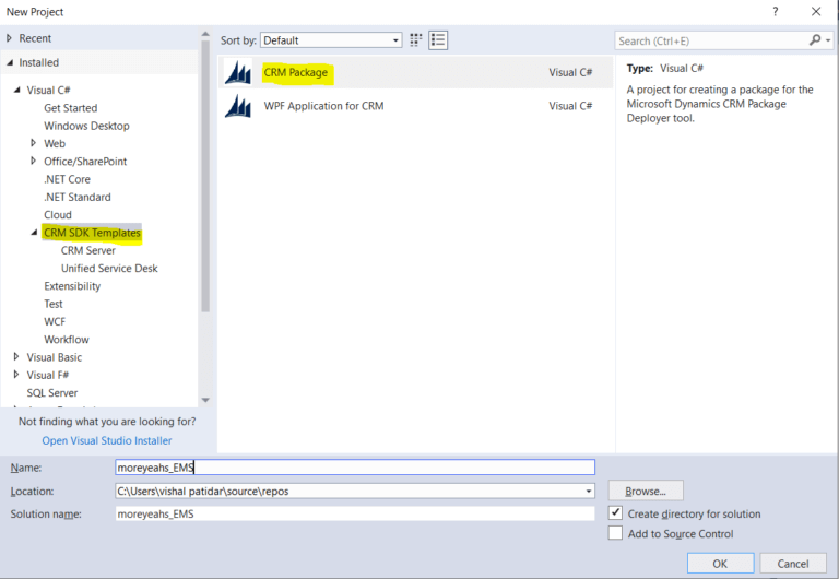 Create a new CRM Package project after successful installation